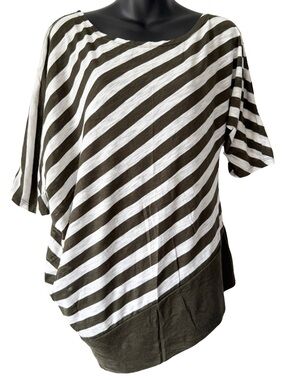 Striped Olive White Asymmetrical Dolman Top Planet Gold Womens Large Relaxed Fit